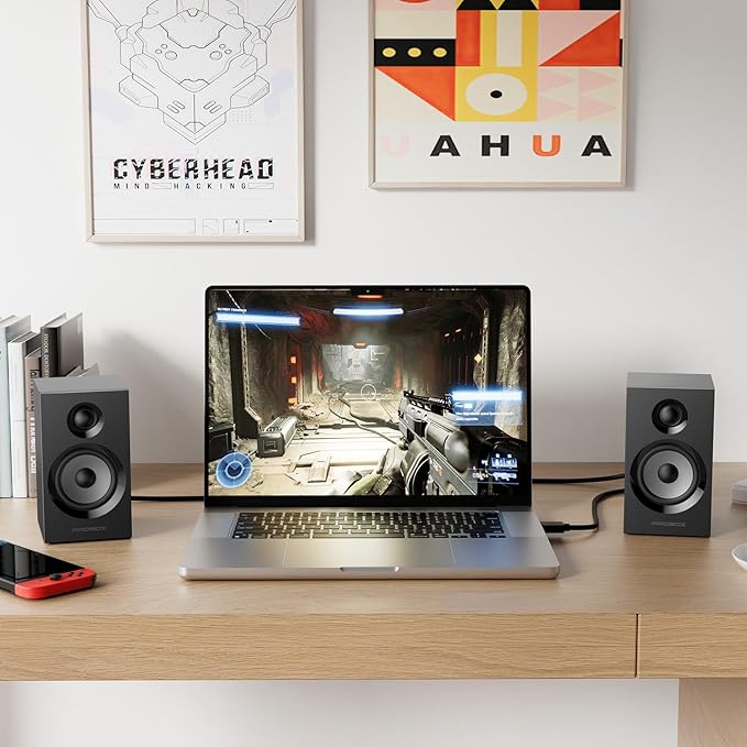 Powered Bookshelf Speakers HiFi Computer Gaming Monitors with Bluetooth 5.3 &amp 24-Bit USB DAC Stereo Speaker PC Speakers 3.5 Woofer1 Silk Dome Tweeter Adjustable Bass/Treble BT16-Black