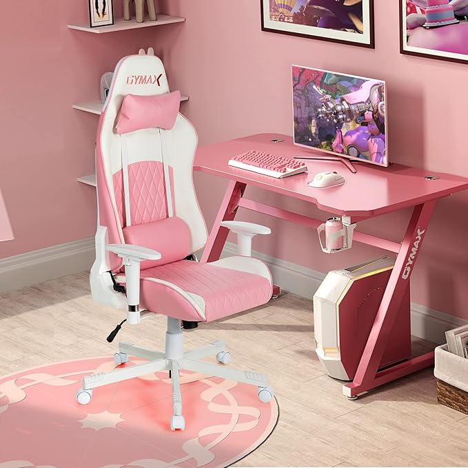 GYMAX Gaming Chair Pink Ergonomic High Back Computer Chair with Headrest &amp Lumbar Support Racing Style Desk Task Rolling Chair for Home Office Gaming Working Studying