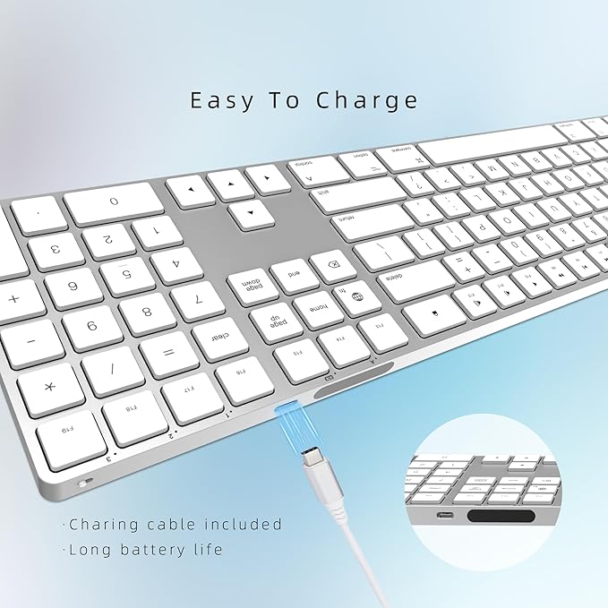 Bluetooth Slim Keyboard for Mac Aluminum Rechargeable Keyboard Wireless Low-Profile Silent Flat Key Compatible with Apple iMac MacBook Mac and iOS Full Size - Silver White