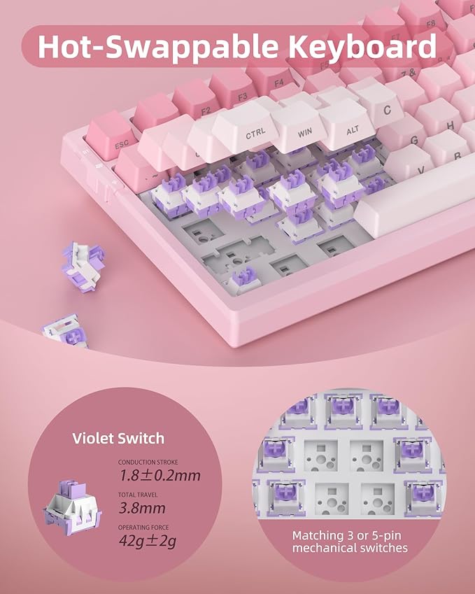 MageGee SKY98 Wireless Gasket Mechanical Gaming Keyboard 96% Hot Swappable RGB Custom Creamy Keyboard with 5-Layer Sound Padding BT/2.4G/USB-C Side Printed Keycaps (Pink&ampWhite Violet Switch)