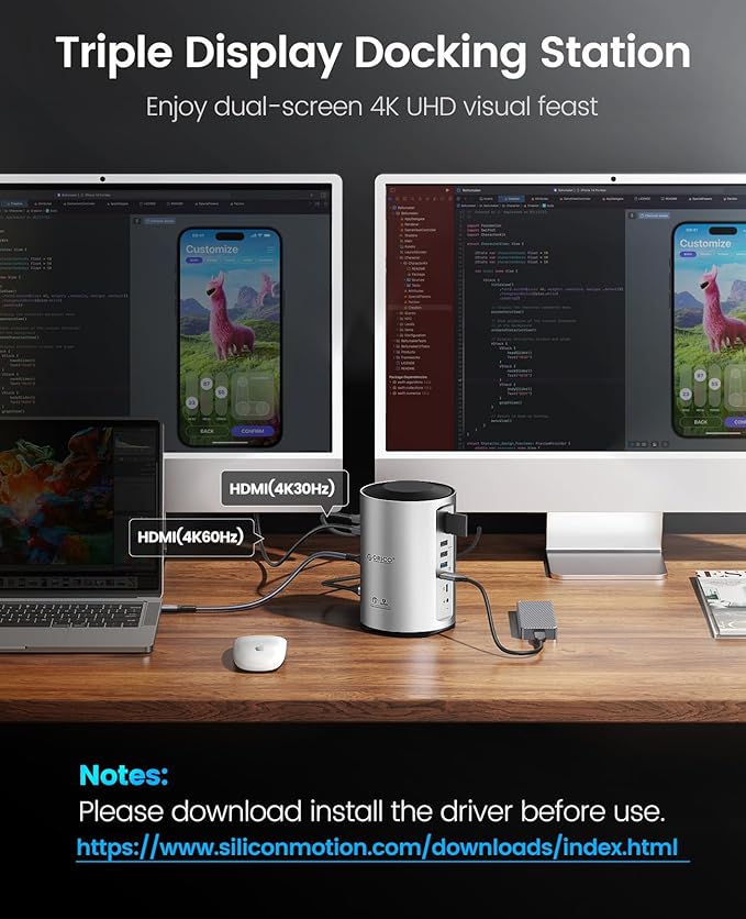 ORICO USB-C Triple Monitor Docking Station with 3 HDMI Ports 15-in-1 USB C Laptop Dock for MacBook Pro M1/M2/Windows 7 USB Ports Ethernet100W PD SD/TF Card Reader 3.5mm Audio (Silver)