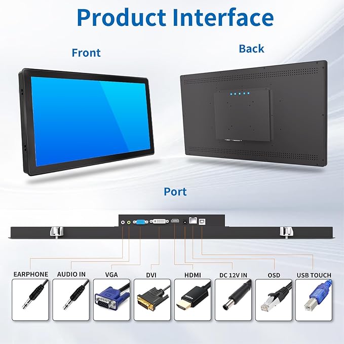 23.8 Inch Industrial Touch Screen Monitor 10 Points Touch Ratio 16:9 Capacitive PCAP Display 1920 x 1080R Active Matrix TFT LCD LED Backlight VGA DVI HD-MI Ports