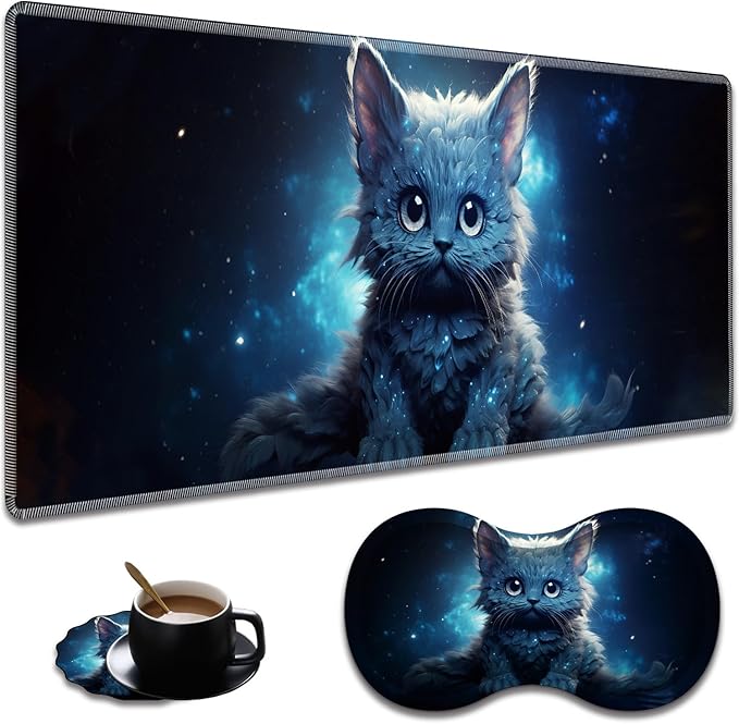 Extended Non-Slip Mouse Pad + Mouse Wrist Rest + Lace-Shaped Coaster Set Ergonomic Design Suitable for Desk and Home Gaming Table Mat Galaxy Cat