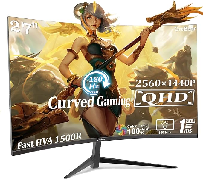 27 Inch Gaming Curved Monitor 1440P 180HZ 2K Professional PC Display QHD 2560x1440p Home Office Computer Screen HDMI DP AdaptiveSync 1500R Tilt Adjustable Build-in Speaker 100x100mm VESA