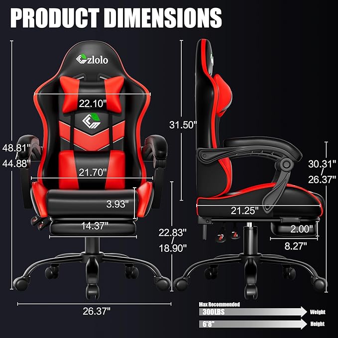Gaming Chair with Footrest Racing Style Lumbar Support Massager Video Game Chair with Metal Legs High Back Gamer Chair with Headrest 360° Swivel Office Computer Desk Chair Bright Red