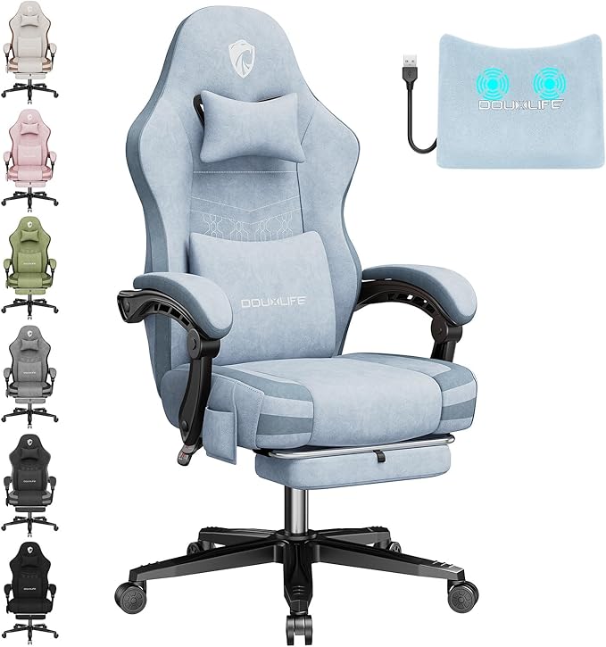 Gaming Chair Fabric Computer Office Chair with Massage Ergonomic Chair with Footrest Lumbar Support Pocket Spring Widened Cushion Metal Legs 350LBS Blue