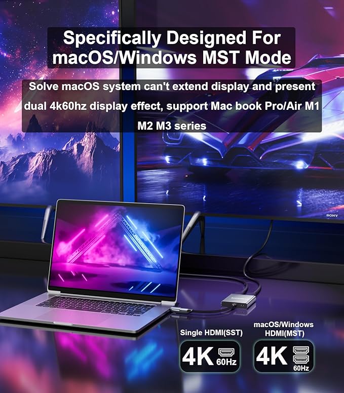 USB C to Dual HDMI Adapter |4k@60Hz| for Mac M1/M2/M3Displaylink(DL6950) HDMI Spilitter Extended Display for Dual Monitors Compatible with Windows MacBook Pro/AirDriver Required