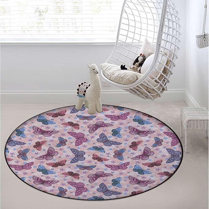 Pink Round Area Rug Swivel Chair Mats for Hardwood Floor Washable Waterproof Spill Mat Anti-Slip Floor Protector Colorful Doodle Animal Wings Girls Design Diameter 59 in