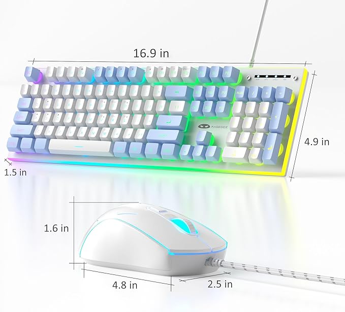 MageGee GT838 Gaming Keyboard and Mouse Combo 104 Keys RGB Backlit Quiet Wired Keyboards for Laptop PC MAC with Number Pad Metal Panel Anti-Ghosting White Blue