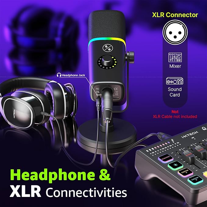 IXTECH Gaming USB Microphone for PC Noise Cancellation Condenser Mic for Podcasts and Video Streaming with Tripod Stand Pop Filter Shock Mount Gain Control RGB Lights Quiet Mute Button (Black)