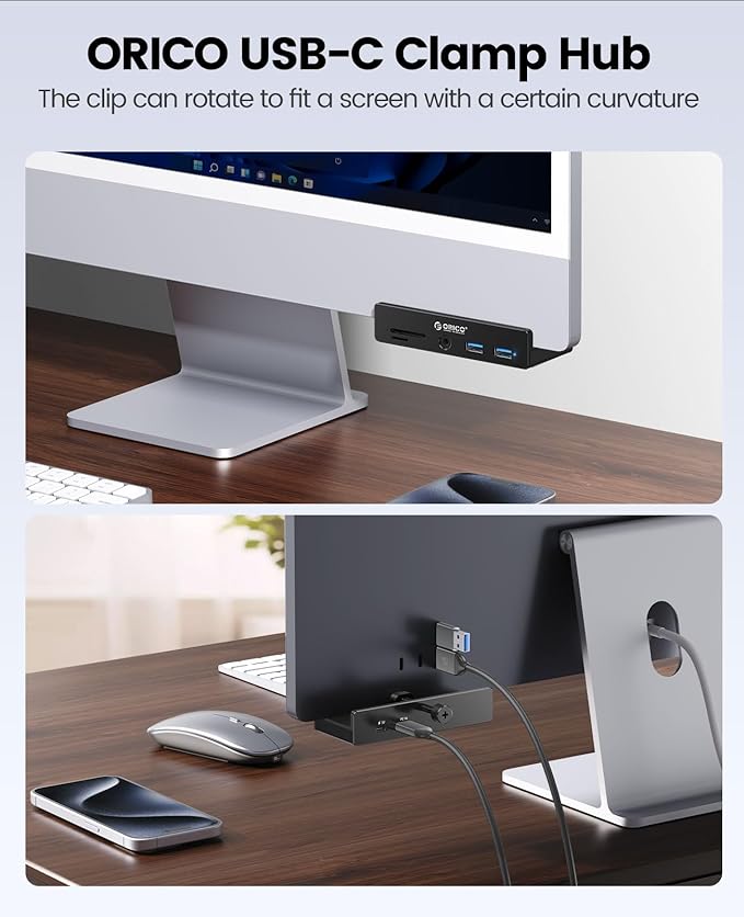 ORICO USB Hub 3.0 Clamp USB Hub with Extra Power Port Aluminum USB C Adapter with 2 USB-A Data Ports3.5mm AUX SD/TF Card Reader for Desktop(Black)