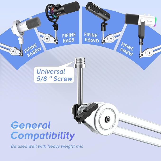 FIFINE Microphone Boom Arm Stand Metal Heavy Duty Mic Stand Scissor Suspension Adjustable Boom Arm for Podcast Recording Streaming Gaming with Desk Clamp 5/8 Screw Cable Ties-BM63 White