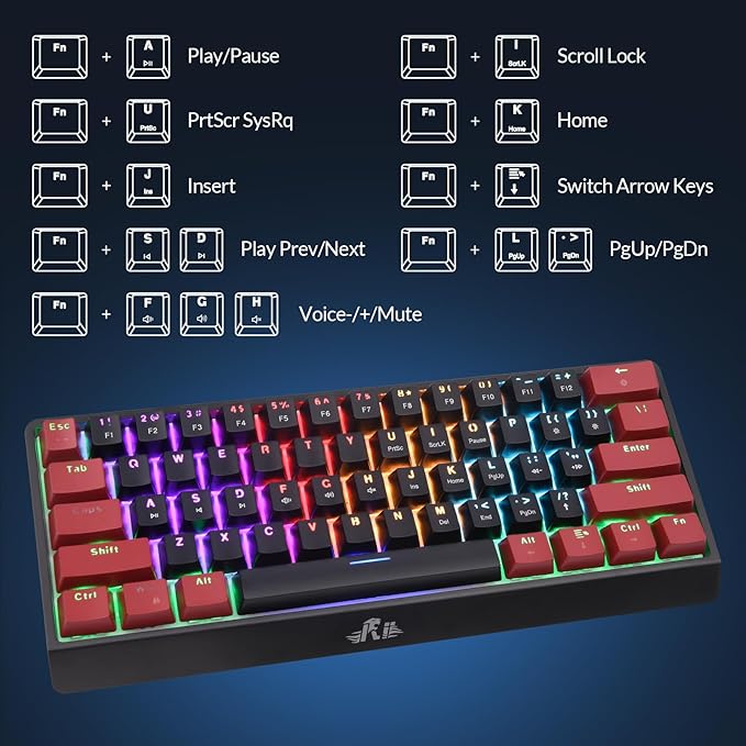 Rii RK806 60% Mechanical Gaming Keyboard61 Keys Compact Wired Keyboard with RGB BacklightClicky Blue SwitchAnti-ghostingfor Windows Laptop PC Mac(Black&ampRed)