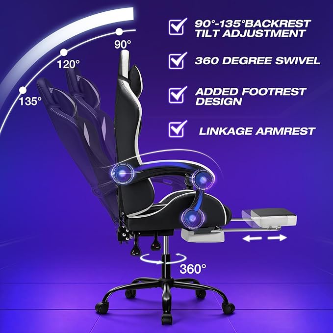 HOFFREE Gaming Chair with LED RGB Lights Massage Ergonomic Video Game Chairs with Footrest High Back Reclining Computer Chair with Adjustable Lumbar Support White and Black