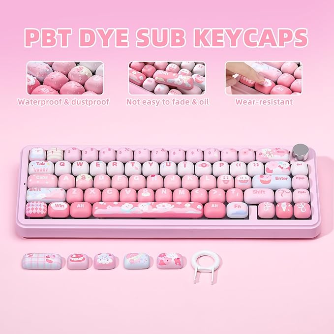 YUNZII Cute Pink Ice Cream Custom Keycaps 138 Keys Dye Sub PBT MOG Profile Keycap Set for Mechanical Gaming Keyboards (Pink Ice Cream)