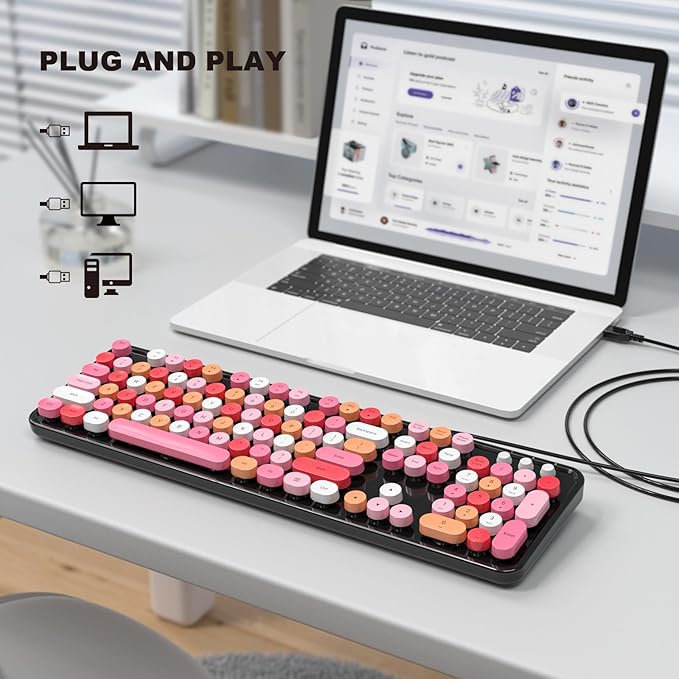 MOFII Computer Keyboards Wired Plug Play USB Full Size Typewriter Keyboard Cute Colorful Aesthetic Keyboard with Foldable Stands for Windows PC Laptop (Black Colorful)