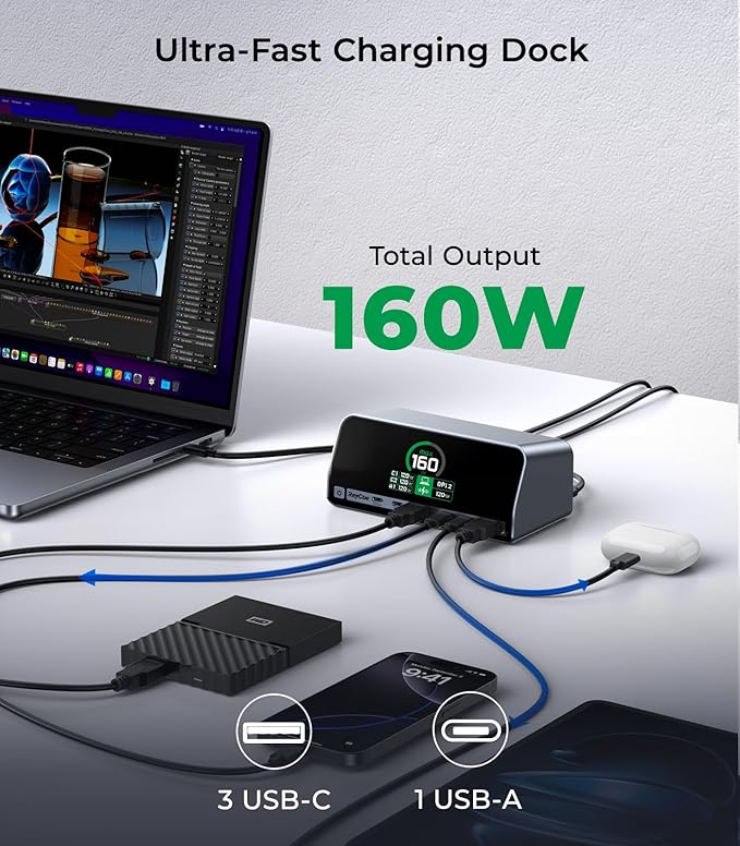 RayCue USB C Docking Station 13-Port Dual 4K Display Laptop Docking Station with 160w Max USB-C Output 2.26''LCD Smart Display 10Gbps USB A/C PortsEthernet Ports for macOS and Windows