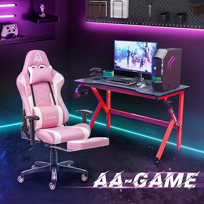 AA Products Gaming Chair Ergonomic High Back Computer Racing Chair Adjustable Office Chair with Footrest Lumbar Support Swivel Chair - WhitePink