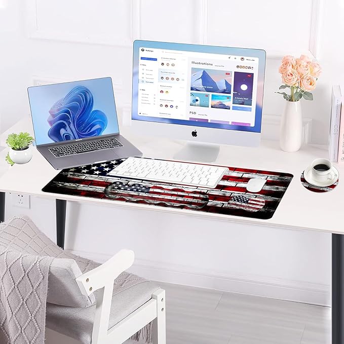 Large Keyboard Mouse Pad Set Extended Mouse Pad+Keyboard Wrist Rest Support Memory Foam Ergonomic Easy Typing 4Pcs (31.5×11.8 in) Desk Pad Set for Office HomeAmerican Flag on Brick Wall