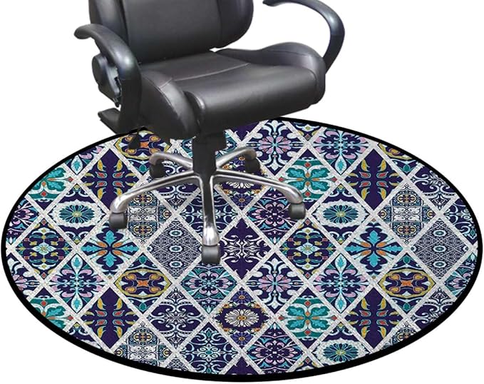 Multi Washable Round Area Rug -Non-Slip Distressed Circle Rug Non-Shedding Entryway Carpet for Bedroom Laundry Kitchen Decor Geometric Diagonal Pieced Mosaic Tile Diameter 59 in