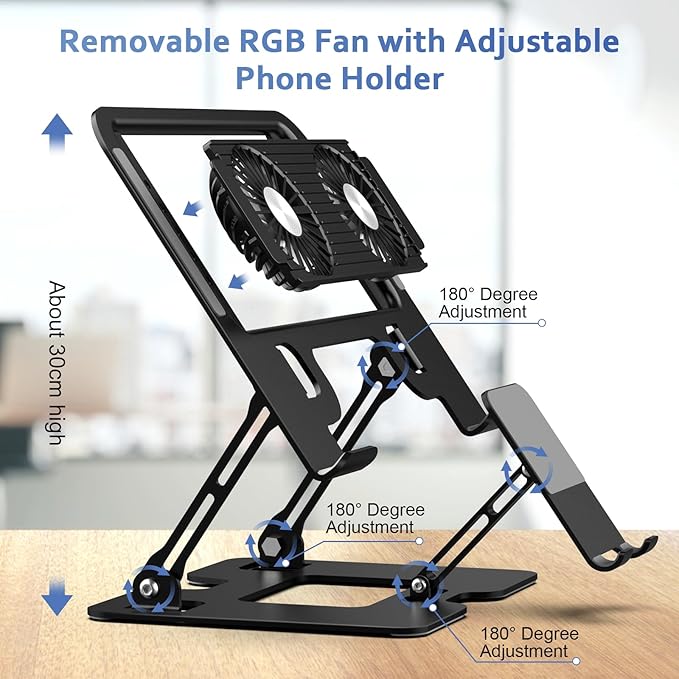 Laptop Cooling Stand with Detachable Fan2-IN-1 Laptop Stand with Phone Holder and Silent FansAdjustable Height and AngleCarbon Steel FrameworkLaptop Cooling Pad for up to 16”Laptop (Black)