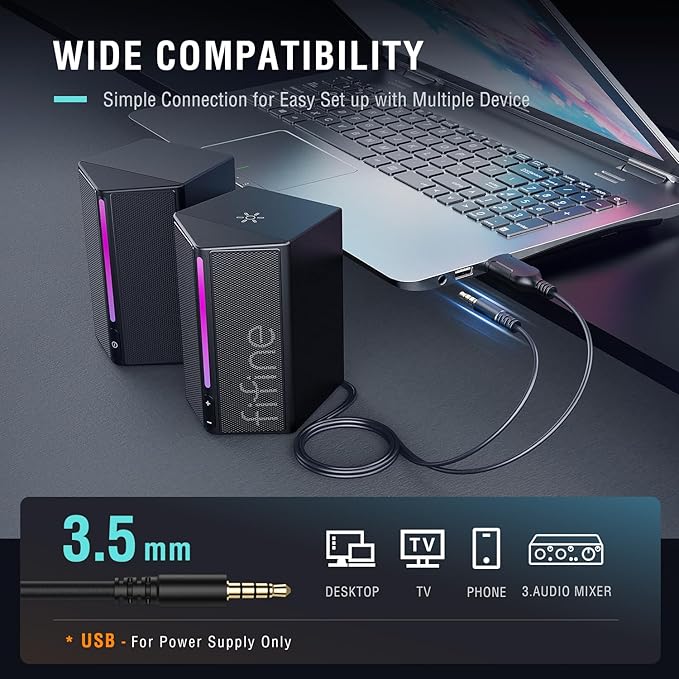 FIFINE Computer Speakers Desktop PC Speakers with Volume Control RGB Gaming Loudspeakers Wired with 3.5mm Aux Audio Cable for Laptop Monitor Phone Tablet-AmpliGame A20