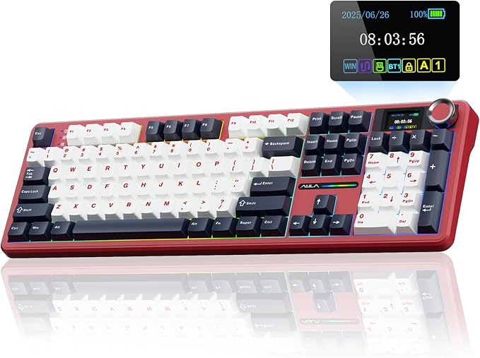 AULA F108 PRO - Wireless Mechanical Keyboard with Screen&ampKnobHot Swappable Gaming Keyboard with 8000mAh BatteryPre-lubed SwitchesRGB BacklitPBT Keycaps Creamy Sounding Computer Keyboards104 K