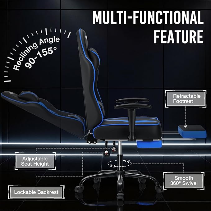 Gaming Chair with Massage Pocket Spring Cushion 155° Reclining Gaming Chair with Footrest and Adjustable Armrests Ergonomic Video Game Chairs Blue and Black