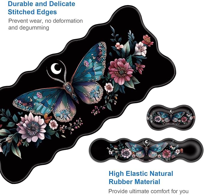 Large Gaming Mouse Pad Keyboard Wrist Rest Pad &amp Wrist Support Mousepad Set Stitched Edge Extended Non-Slip Base Memory Foam Desk Mat for Office HomeAesthetics Floar Butterfly Moon