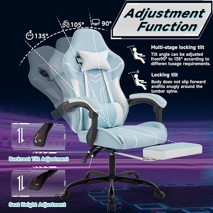 Cute Gaming Chair with Cat Paw Lumbar Cushion and Cat Ears Kawaii Pink Computer Chair with Footrest Ergonomic PC Video Anime Gaming Chairs Recliner for Kids Girls Teens (Blue+White)