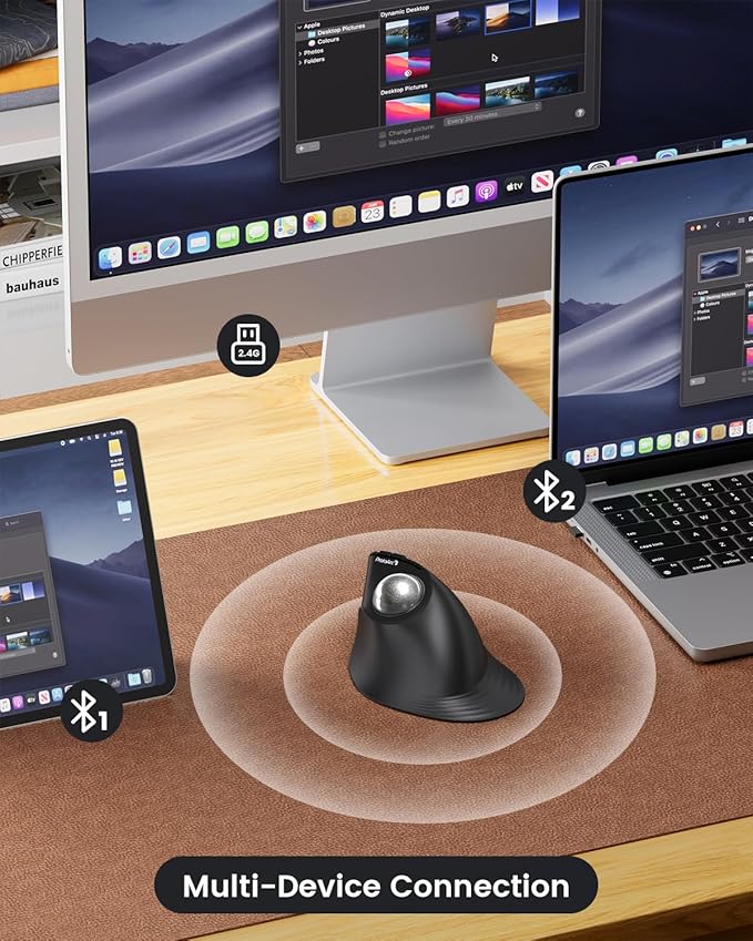 ProtoArc Vertical Wireless Trackball Mouse EM05 NL Bluetooth Ergonomic Rollerball Mouse Rechargeable Computer Laptop Thumb Mice 3 Device Connection Compatible with iPad Mac Windows PC-Silver
