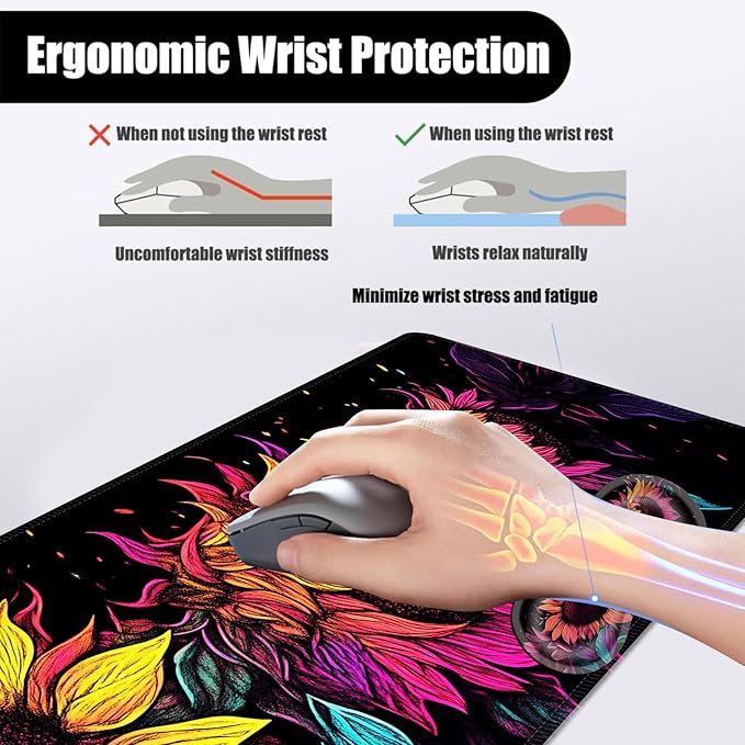 Mouse PadLarge Desk Mat Set 4in1 XL Mousepad + Keyboard Wrist Rest+Mouse Wrist Rest+Coaster with Ergonomic Desk Pad for Home Office Table Computer Cover -Neon Colorful Sunflowers