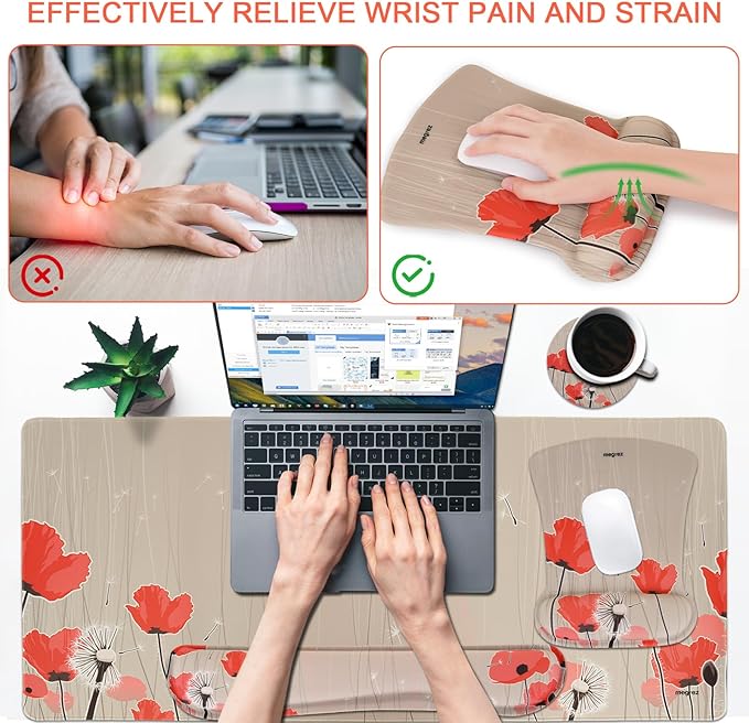 MEGREZ 4-in-1 Ergonomic Memory Foam Wrist Rest Set Desk Pad Mouse Pad with Wrist Rest Keyboard Pad Suitable for Office Workers Programmers &amp Gamers–Relieve Typing &amp Gaming Fatigue Light