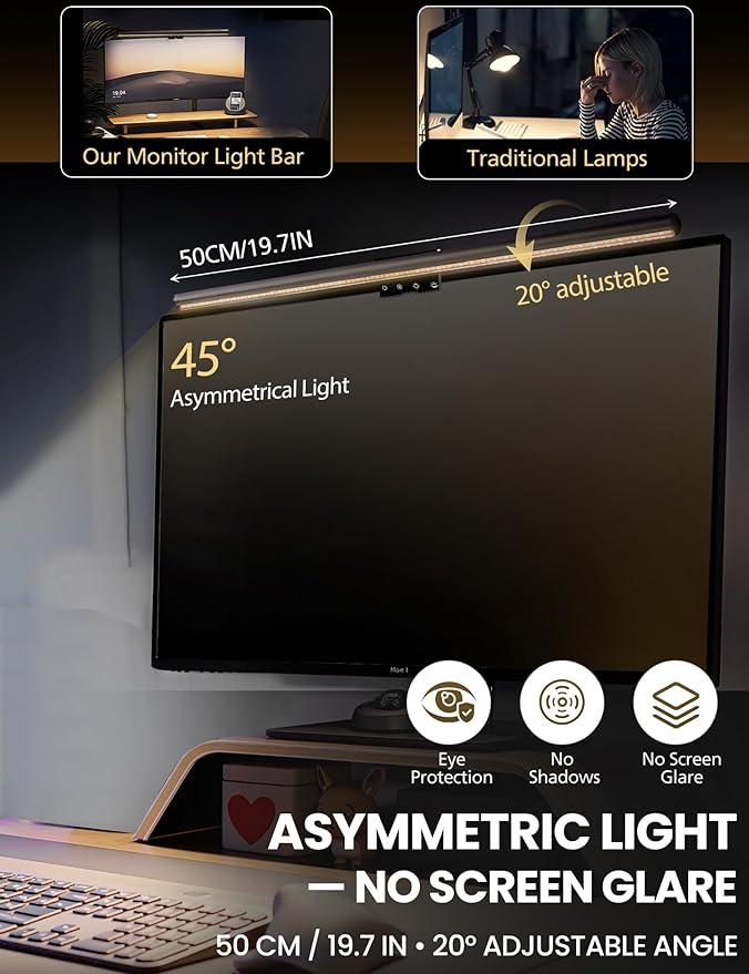 Monitor Light Bar 19.7” No-Glare Asymmetric Screen Lamp Auto-Dimming CRI Ra97 2700K–6500K &amp Stepless Dimming Touch Control Includes 5V/2A Adapter Fits 0.2–1.1” Monitors (Not for Laptops)