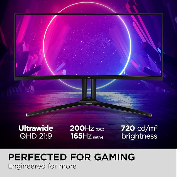 ViewSonic XG341C-2K 34 Inch 1440p 21:9 Curved Gaming Monitor 1ms 200Hz FreeSync Premium Pro Mini LED HDMI 2.1 USB C HDR1400