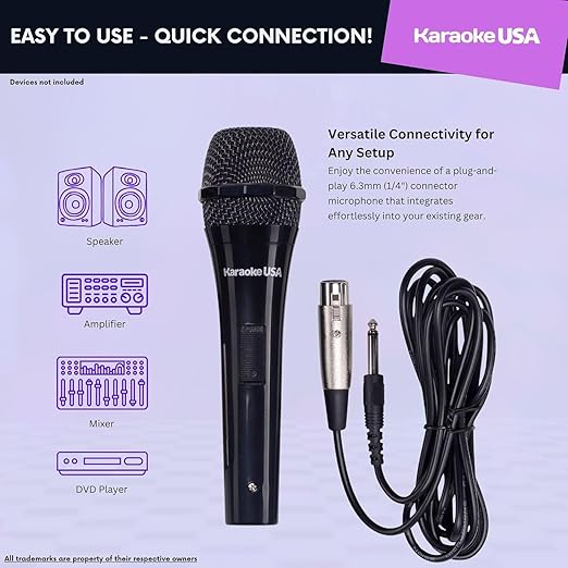 Karaoke USA OM189 Professional Dynamic Karaoke Microphone | Durable Detachable Corded Mic with 6.3mm (1/4) to XLR Plug | Clear Balanced Sound for Karaoke Machines PA Systems &amp Events