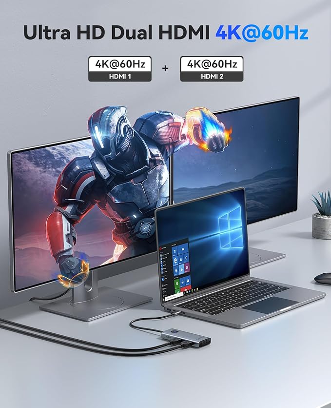 ORICO USB C Docking Station Dual Monitor 8-in-1 Laptop Docking Station with 2 HDMI 4K@60Hz 100W PD USB-A&ampC 3.0 SD/TF USB C Dock Compatible with MackBook/Dell XPS/HP/Surface