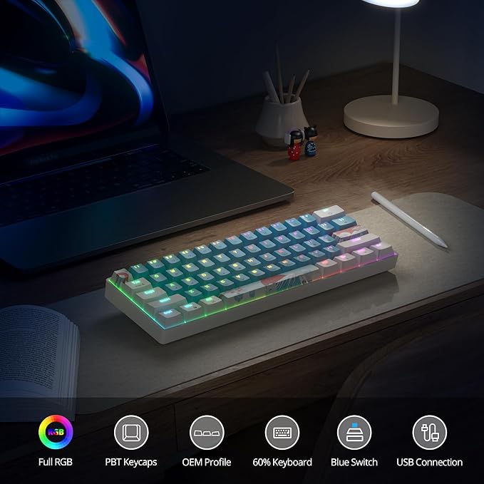 60% Mechanical Keyboard - Compact 60% Gaming Keyboard RGB Backlit 61 Keys USB Wired for Windows Mac Laptop PC (61 Blue/Blue Switches)