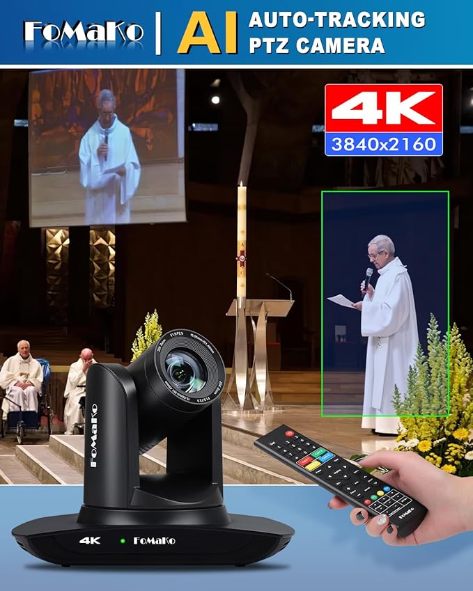 FoMaKo 4K 20X PTZ Camera HDMI AI Auto-Tracking PTZ CameraPTZ Controller PoE 3 LCD Screen Preview for Church Worship Education Conference Events PTZ BundleNDI 6 &amp NDI HX3 Certified(K20UH+KC608)