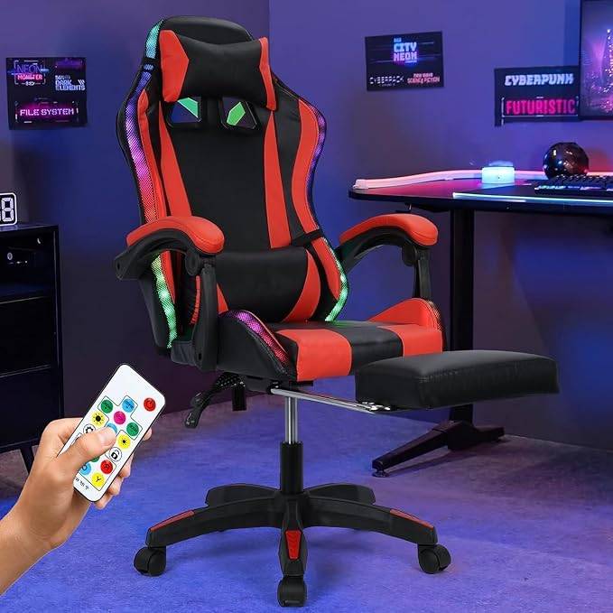 Gaming Chair with LED Lights Ergonomic Massage Computer Chair Video Game Chair Reclining Gaming Chairs with Footrest Chair Gaming High Back Music Video Chair with Lumbar Support (Red3)