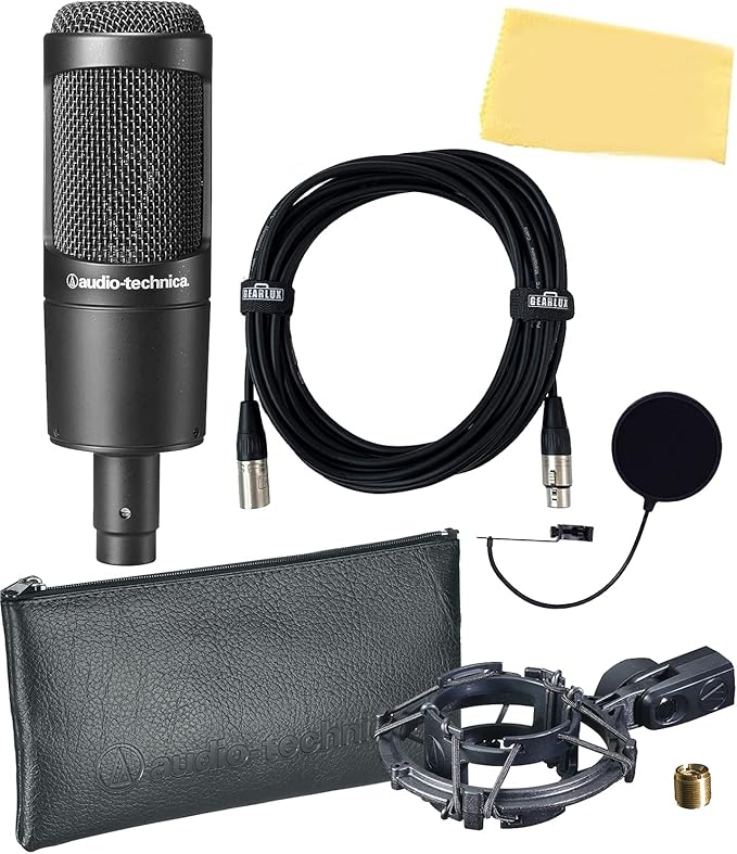 Audio-Technica AT2035 Cardioid Condenser Microphone Bundle with Pop Filter XLR Cable and Austin Bazaar Polishing Cloth