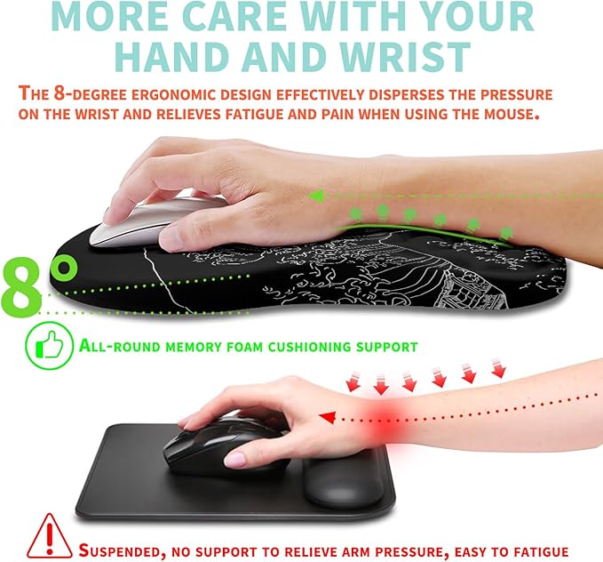 Ergonomic Mouse Pad Wrist Support with Memory Foam Massage Bulge Carpal Tunnel Pain Relief Mousepad Wrist Rest for Mouse(12x8 inchSea Wave)