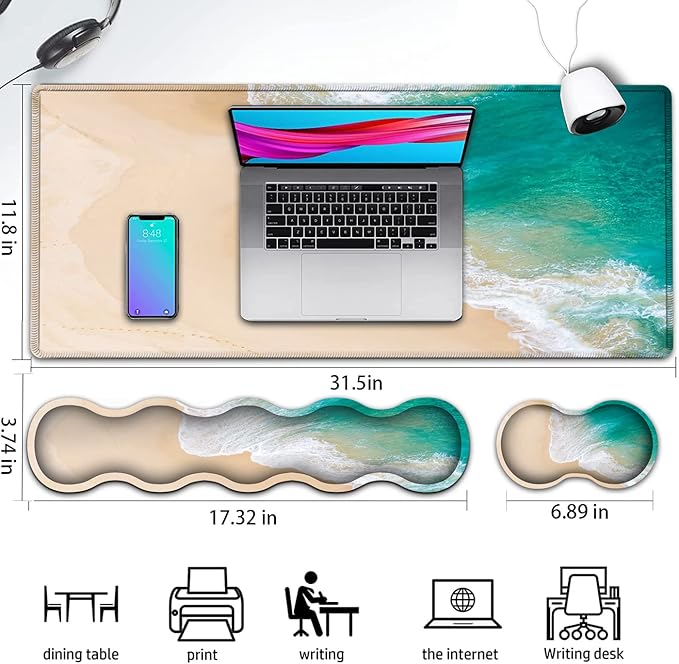 Gaming Mouse Pad and Keyboard Wrist Rest Large Extended Mouse Pad31.5X 11.8Ergonomic Memory Foam Wrist Rest Support+Desk Mat Protectorfor Office/Home Writing Pad Beach Pattern Mousepad