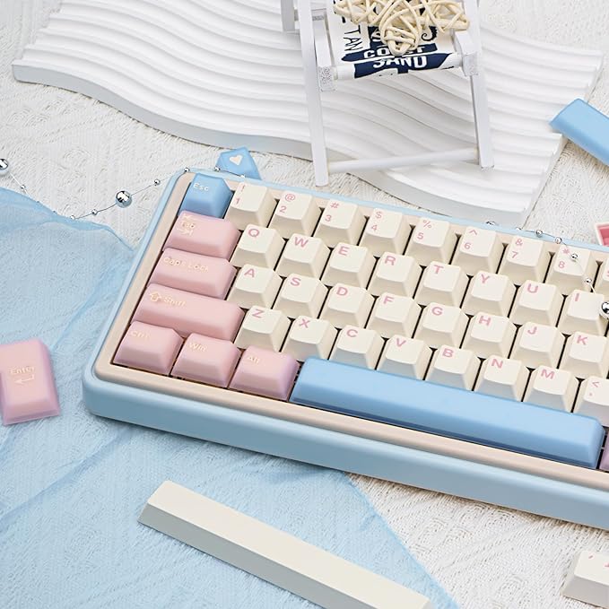 PBT Keycaps Cute Custom Keyboard Pink Keycaps 60 75 100% Double Shot 164 Keys Transparent Set for Cherry Gateron MX Switches Pink White Blue