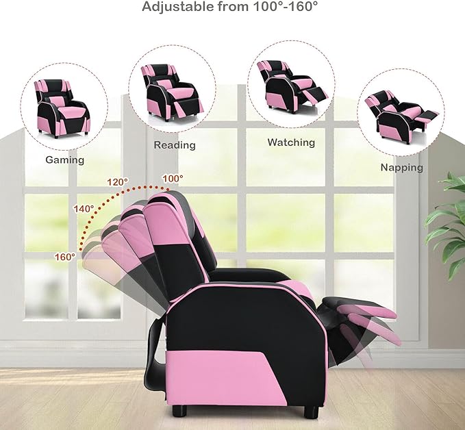 Pink Kids Youth PU Leather Sofa Recliner Comfortable Headrest Adjustable Backrest and Footrest Ergonomic Armrest Wooden Frame Large Seating Space Suitable for Gaming Reading Watching TV Napping