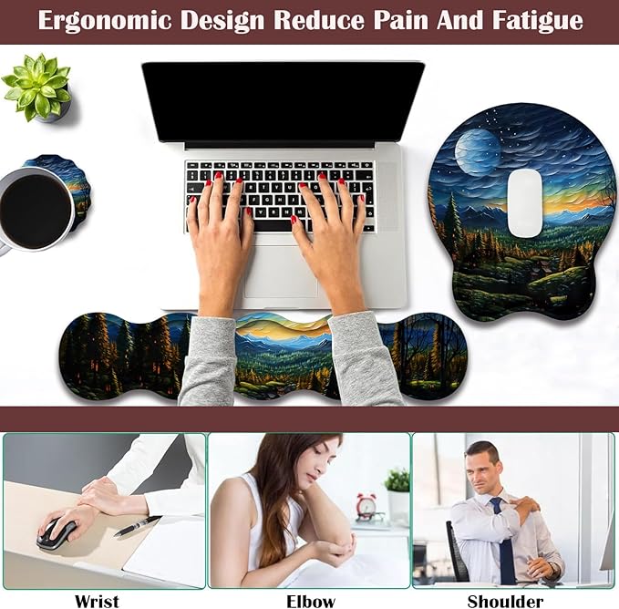 Keyboard Wrist Rest and Mouse Pad Wrist Support with Lace-Shaped Coaster Set Ergonomic Gel Memory Foam and Anti-Slip Base Easy Typing and Pain Relief - Art Moon Starry Night
