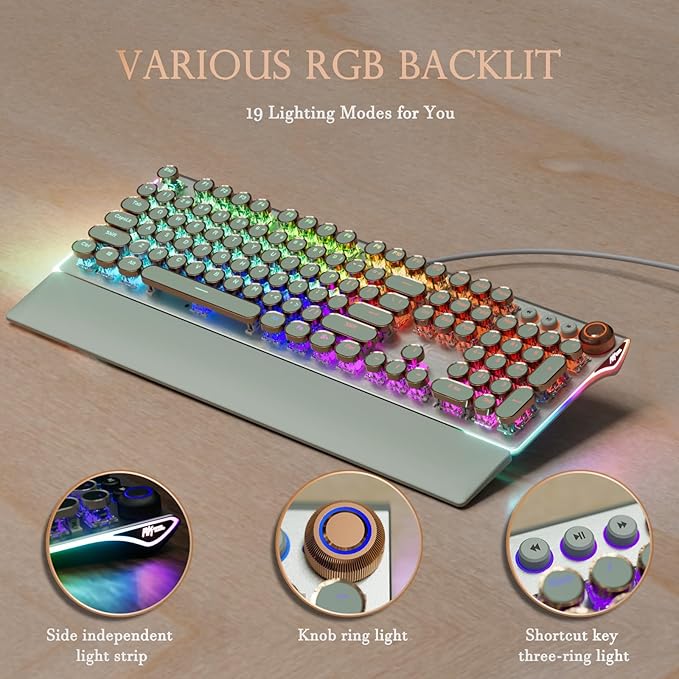 RK ROYAL KLUDGE X108 Typewriter Style Mechanical Keyboard Wired Gaming Keyboard 108 Keys RGB Backlit Sidelight Detachable Wrist Rest Volume Knob Retro Round Keycaps Blue Switches - Green