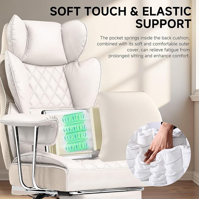 COMHOMA Big and Tall Office Chair High Back Leather Gaming Chair with Footrest Executive Ergonomic Office Chairs with Pocket Spring Lumbar Support and with Outward Fixed Soft Armrests