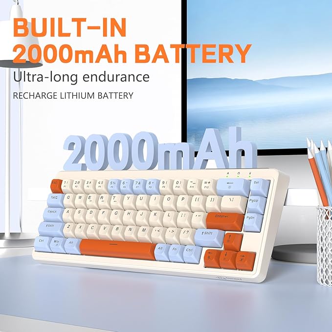 M68 65% Wireless Gaming KeyboardBluetooth/2.4GHz/ Wired Tri-Mode Silent Membrane KeyboardPBT Keycaps2000mAH Rechargeable67 Keys Rainbow LED Backlit PC Gaming Keyboard for Win/Mac-Blueberry