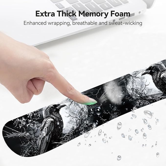 Mouse Wrist Rest and Keyboard Wrist Rest Pad+ Coaster Set Non-Slip Rubber Base Smooth Surface Ergonomic Gaming Mouse Pad for Easy Typing and Pain Relief Crow Skull